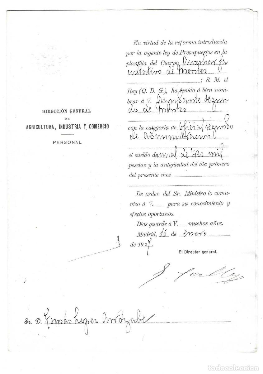 Documentos antiguos: Nombramiento de Ayudante 2&ordm; de Montes. 1907. Tom&aacute;s L&oacute;pez Arr&oacute;yabe. &Aacute;lava.