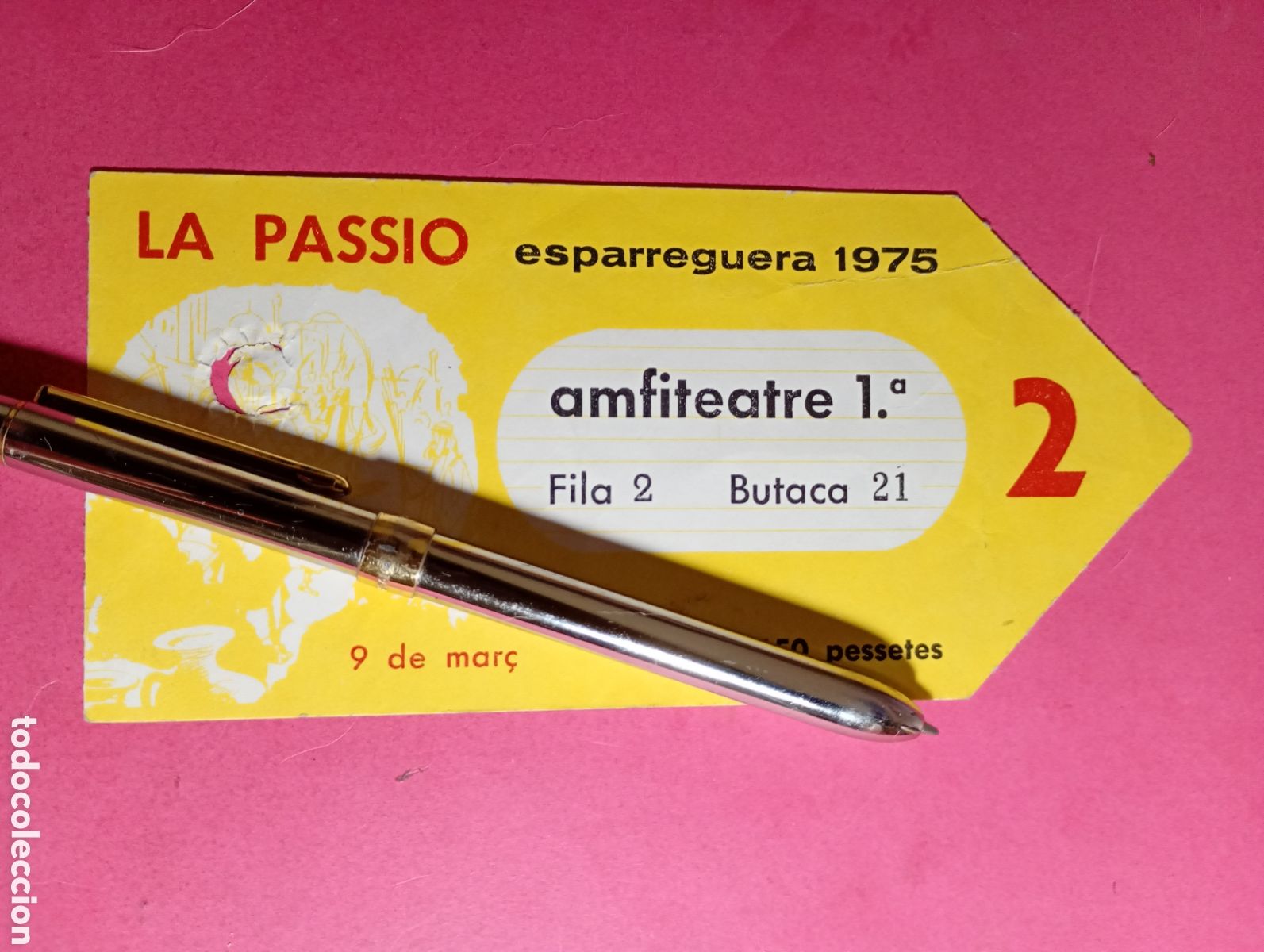Documentos antiguos: ESPARREGUERA LA PASSIO 9/3/1975 AMFITEATRE 1&ordf; FILA 2 BUTACA 21 - 2 COLOR GROC en catal&agrave;
