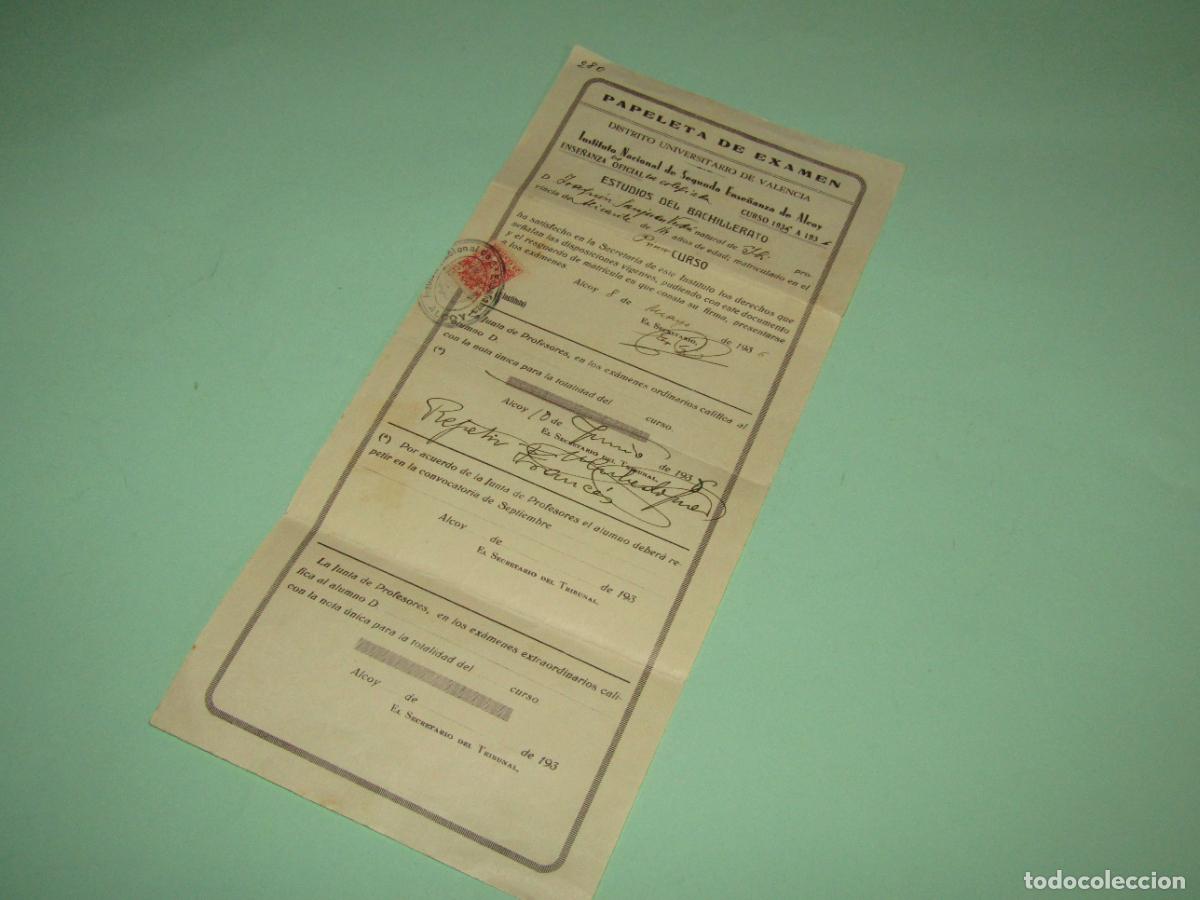 Documentos antiguos: Antiguo Documento PAPELETA DE EXAMEN Instituto 2&ordf; Ense&ntilde;anza de Alcoy Curso 1936