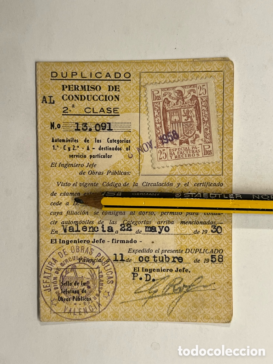 Documentos antiguos: Carnet. Permiso de Conducci&oacute;n. 2&ordf; Clase, Valencia A&ntilde;o 1958