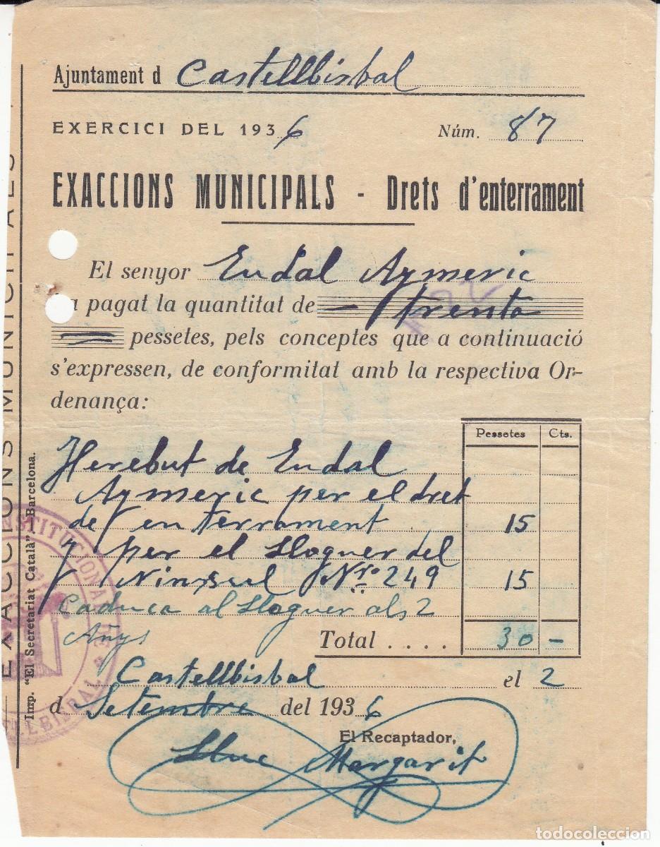 Documentos antiguos: GUERRA CIVIL - CASTELLBISBAL - SEPTIEMBRE DE 1936 - RECIBO DRETS D'ENTERRAMENT