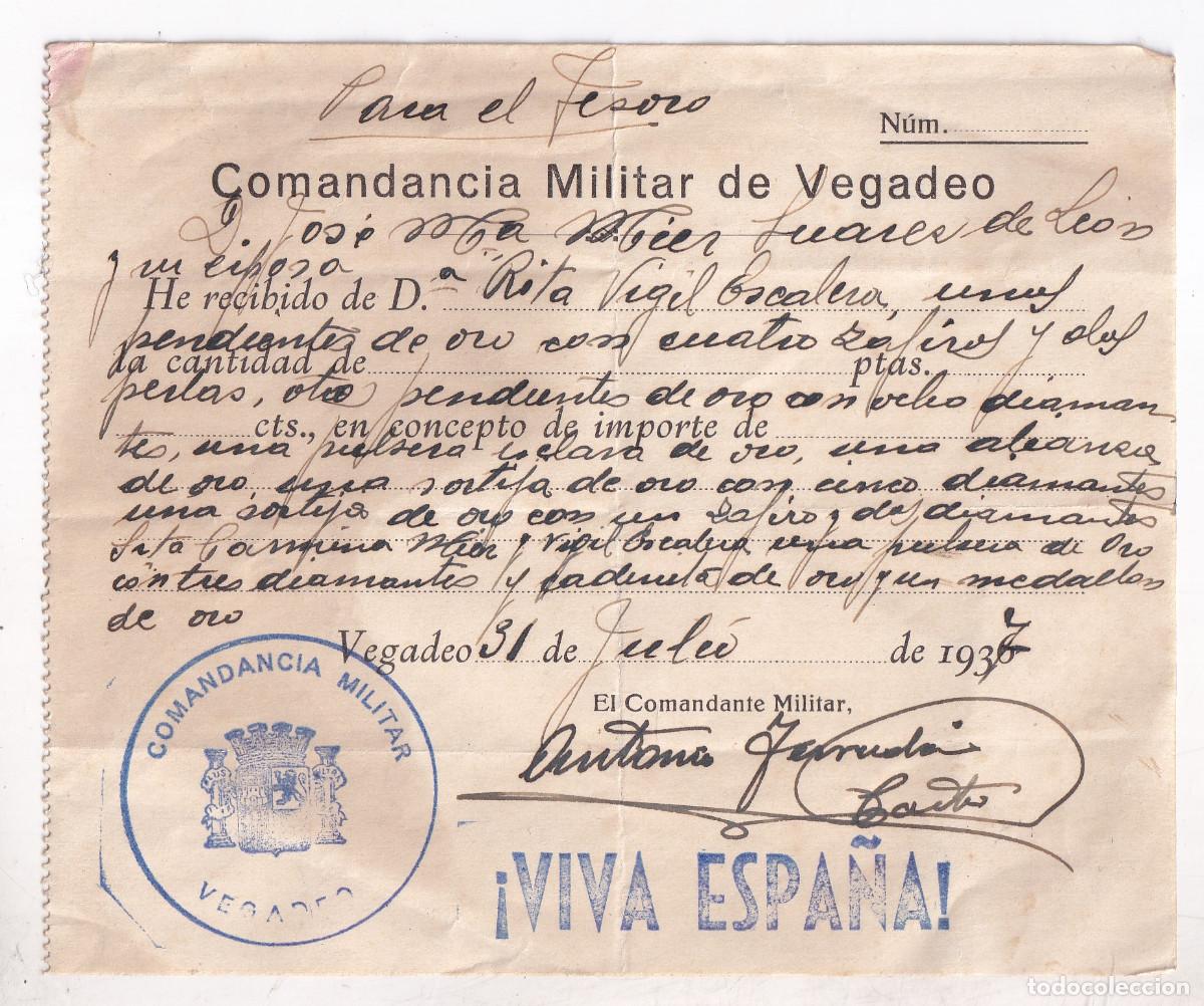 Documentos antiguos: COMANDANCIA MILITAR DE VEGADEO. 1937. ENTREGA DE VARIAS PIEZAS DE ORO PARA EL TESORO. ASTURIAS