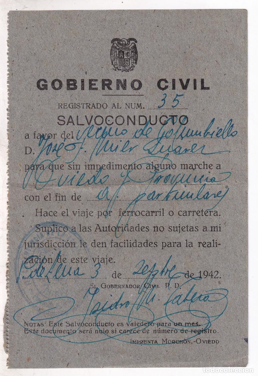 Documentos antiguos: GOBIERNO CIVIL DE OVIEDO. SALVOCONDUCTO. 1942. ASTURIAS