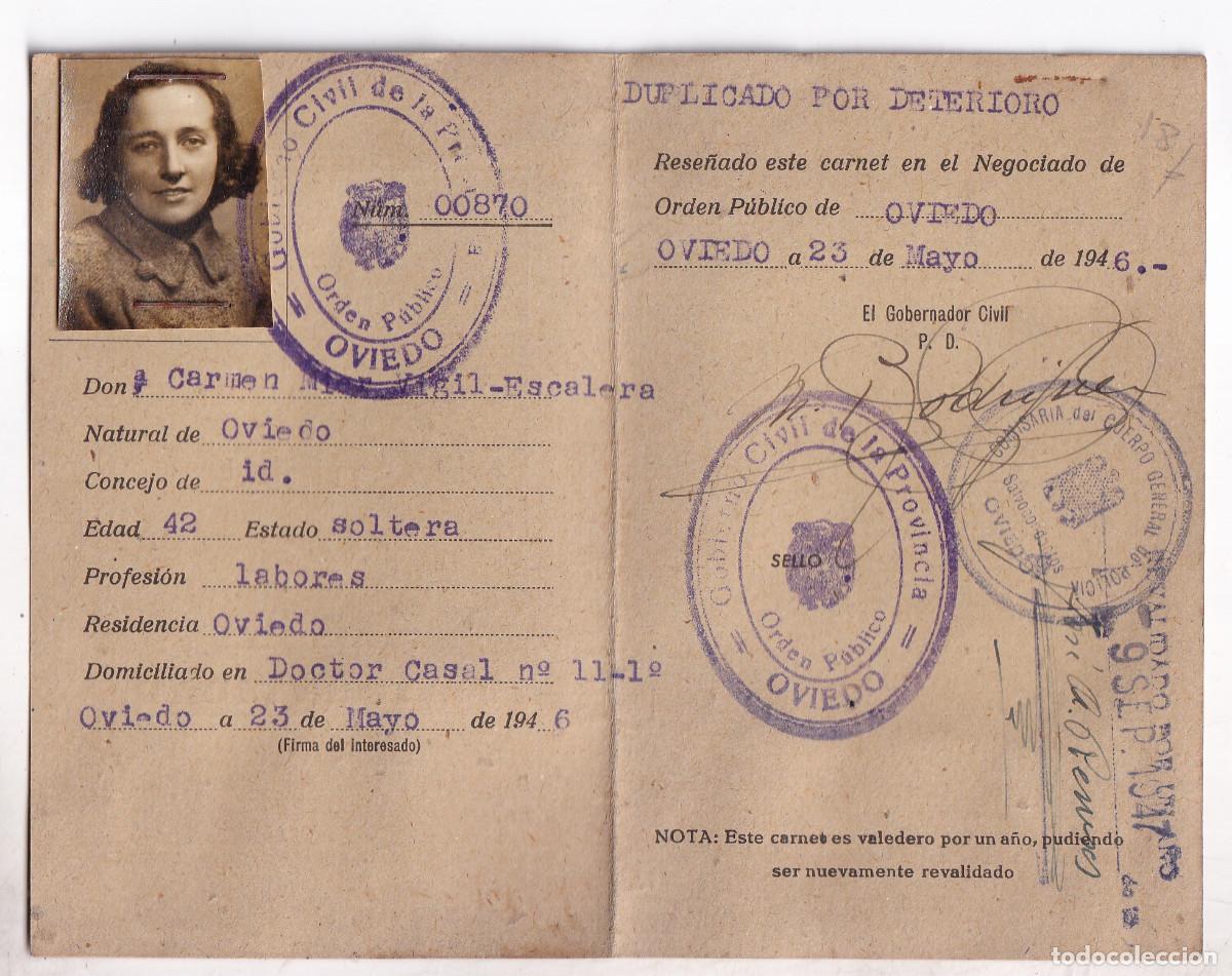 Documentos antiguos: ORDEN P&Uacute;BLICO DE ASTURIAS. CARNET DE IDENTIDAD. OVIEDO, 1946