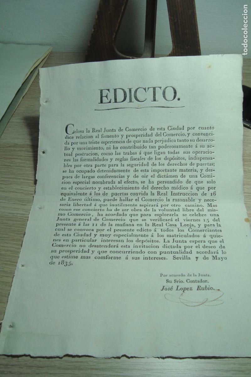 Documentos antiguos: EDICTO JUNTA COMERCIO REAL CASA LONJA SEVILLA 1835. FIRMA JOSE LOPEZ RUBIO.