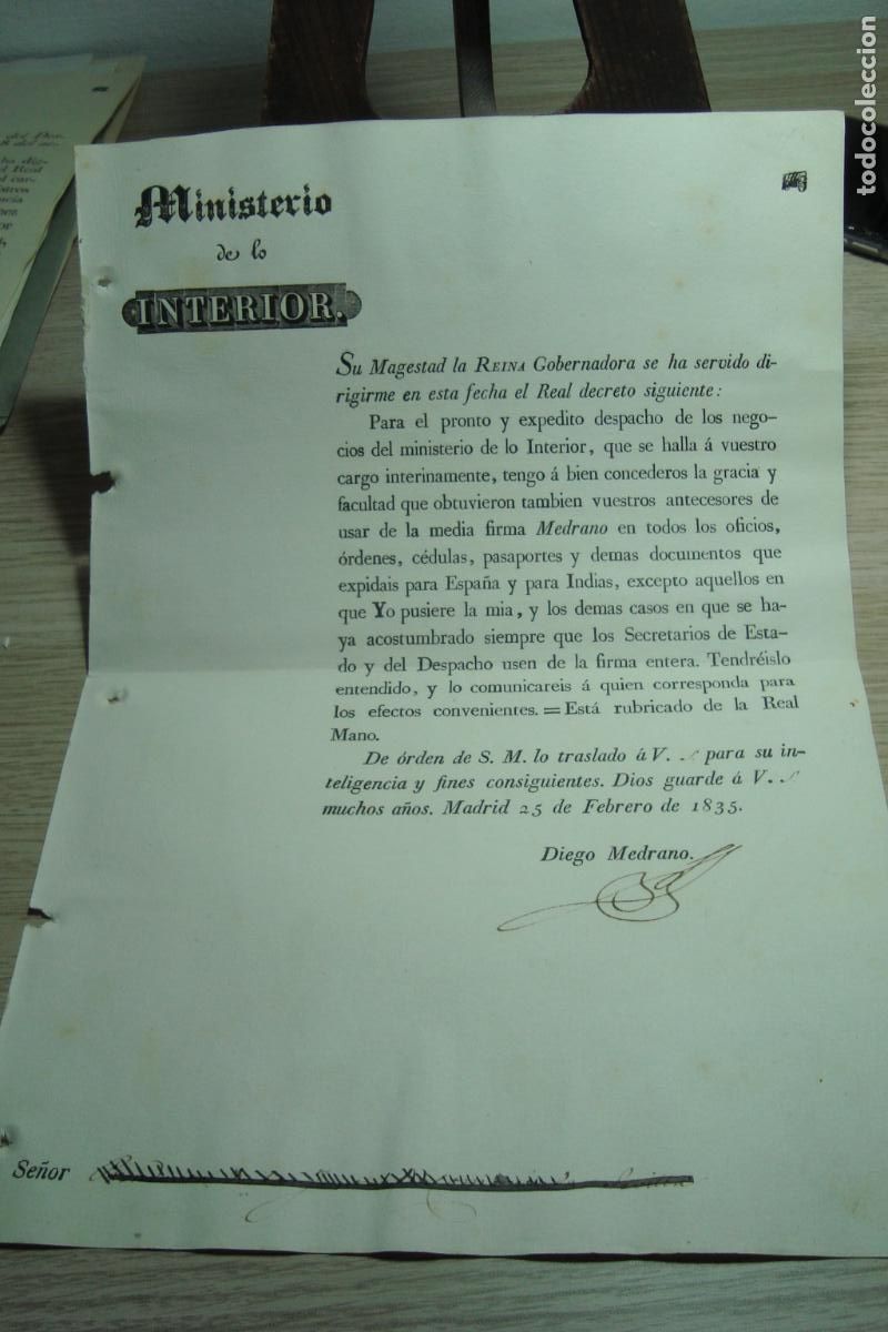 Documentos antiguos: ORDEN REAL MINISTERIO DEL INTERIOR MADRID 1835. FIRMA DIEGO MEDRANO Y TREVI&Ntilde;O MINISTRO INTERIOR.
