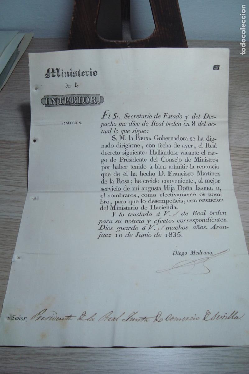 Documentos antiguos: REAL DECRETO MINISTERIO INTERIOR MADRID 1853.FRANCISCO MARTINEZ DE LA ROSA. FIRMA DIEGO MEDRANO 1835