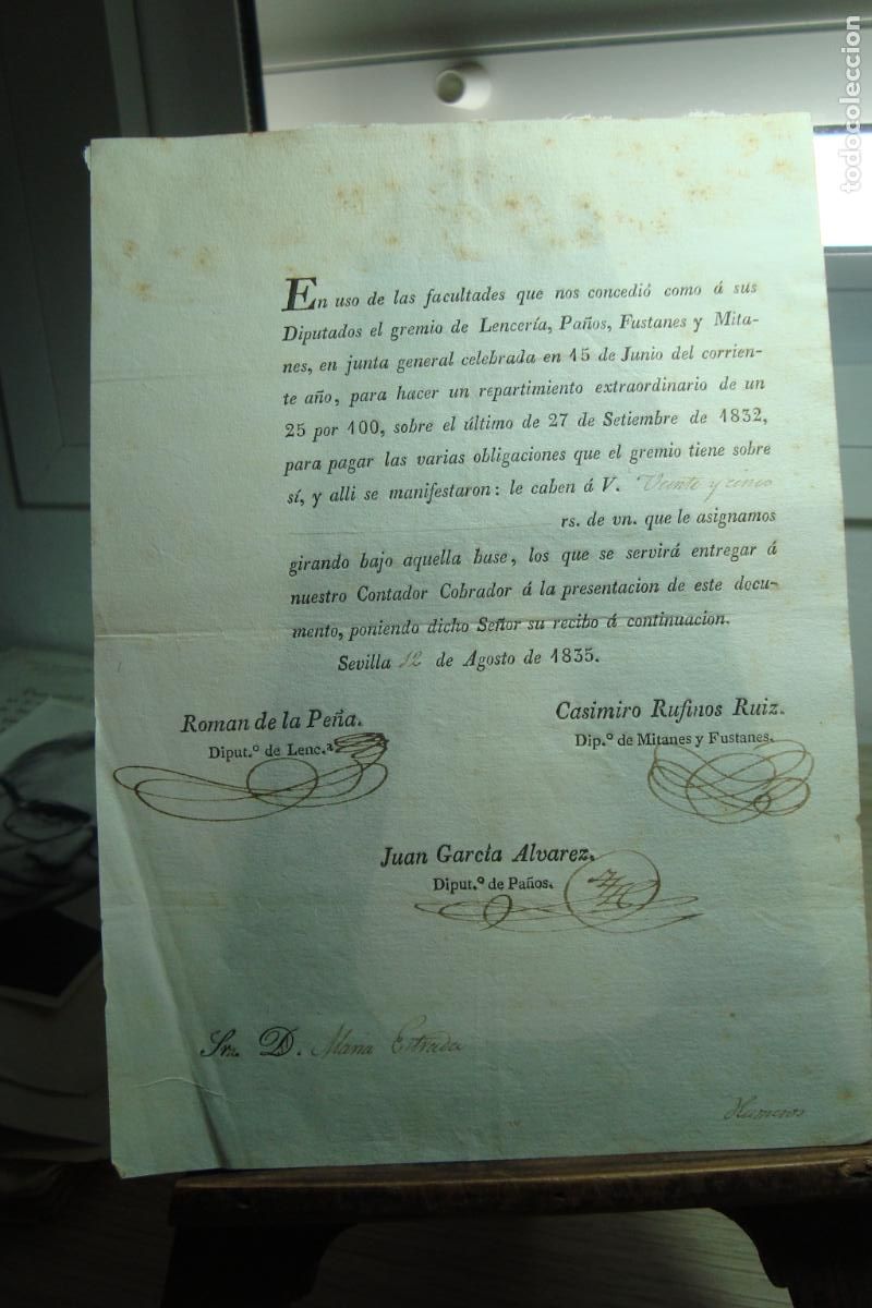 Documentos antiguos: ANTIGUO RECIBO DIPUTADOS GREMIO LENCERIA PA&Ntilde;OS FUSTANES MITANES. SEVILLA 1835. FIRMAS