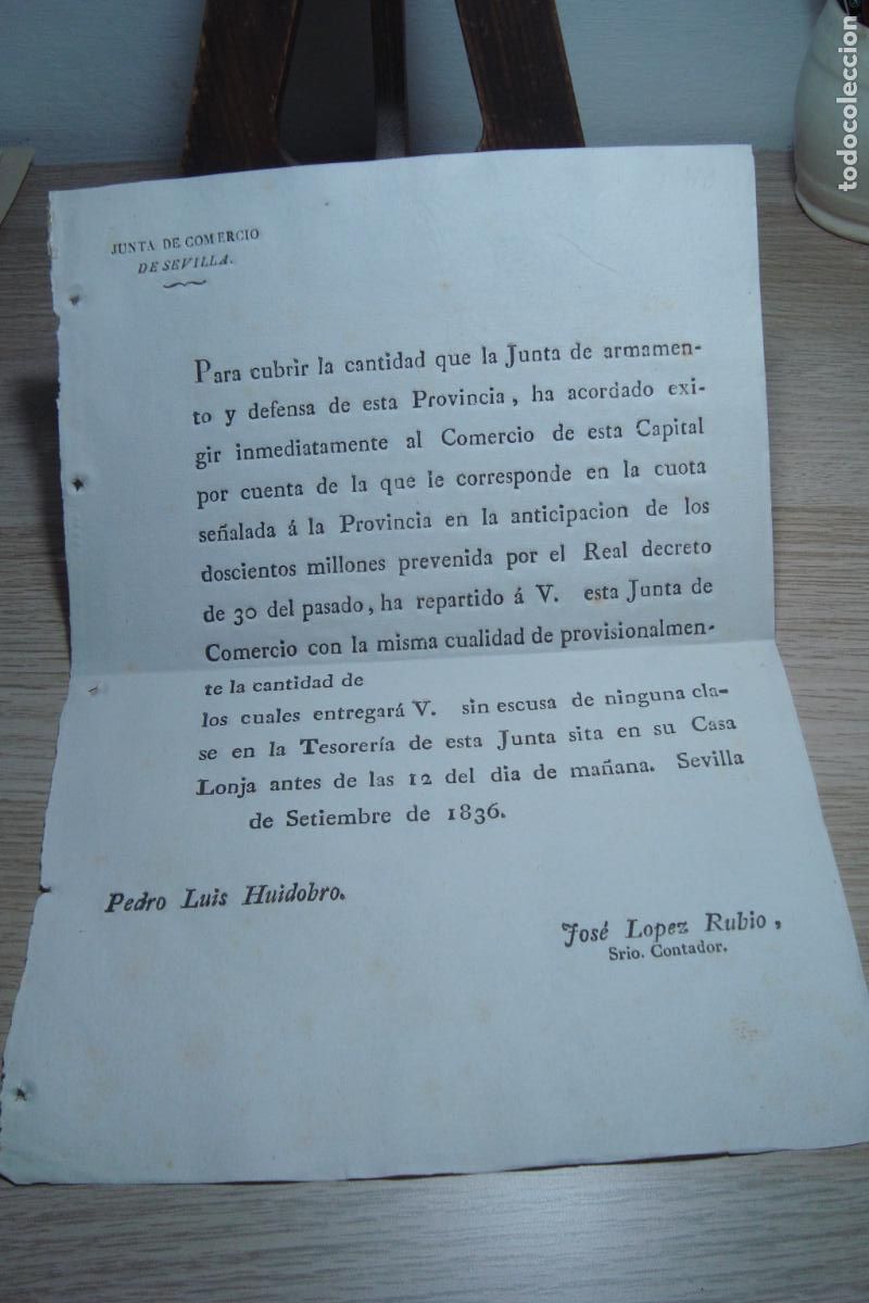 Documentos antiguos: ANTIGUA ORDEN O BANDO JUNTA DE COMERCIO DE SEVILLA 1836. PEDRO LUIS HUIDOBRO.