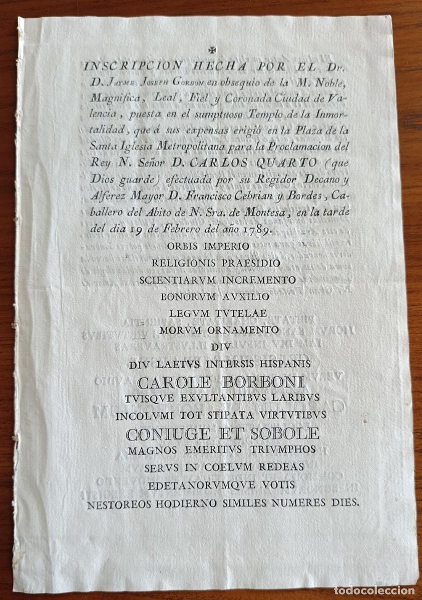 Documentos antiguos: INSCRIPCI&Oacute;N HECHA POR EL DR. D, JAYME JOSEPH GORDON DE LA CIUDAD DE VALENCIA. CARLOS IV. 1789