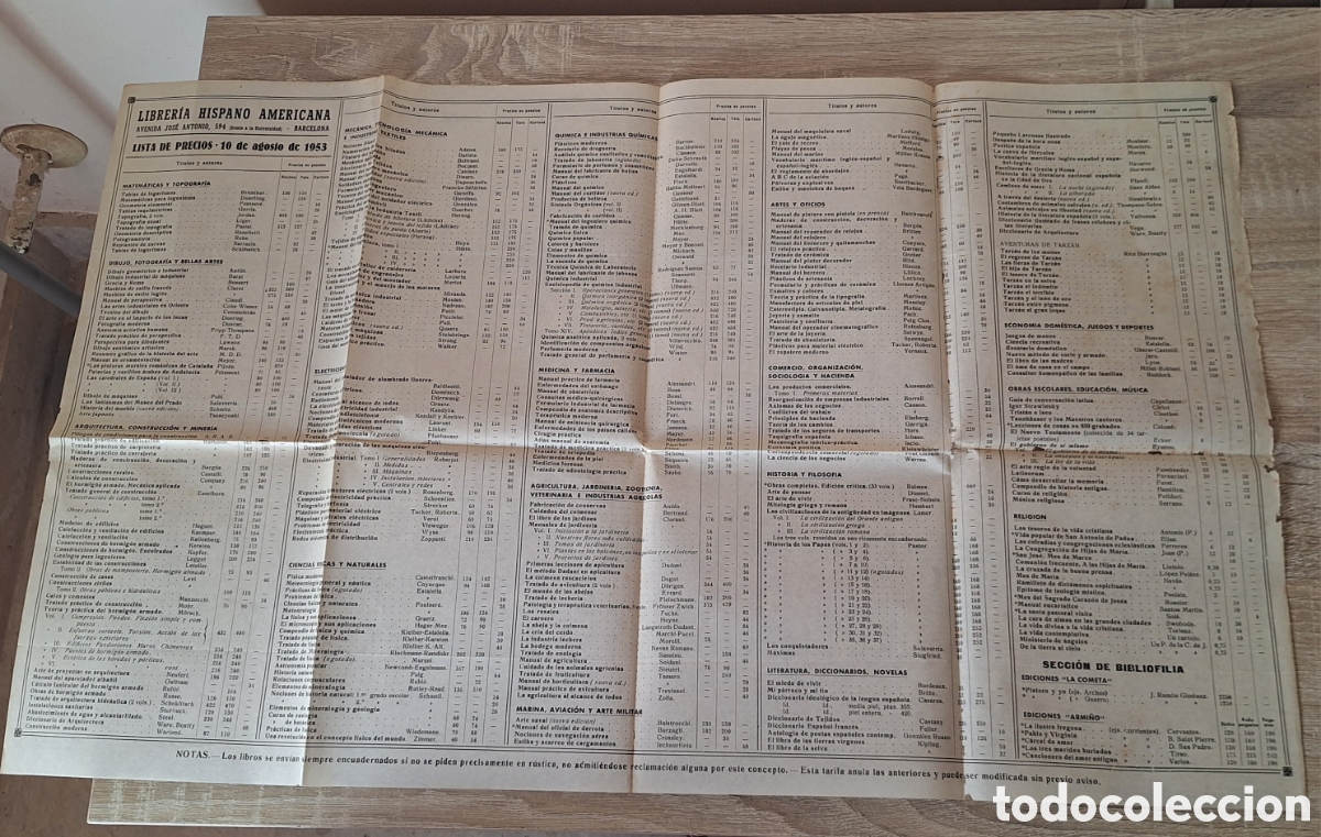 Documentos antiguos: Librer&iacute;a Hispano Americana - Lista de Precios 10 de Agosto de 1953 - Barcelona -