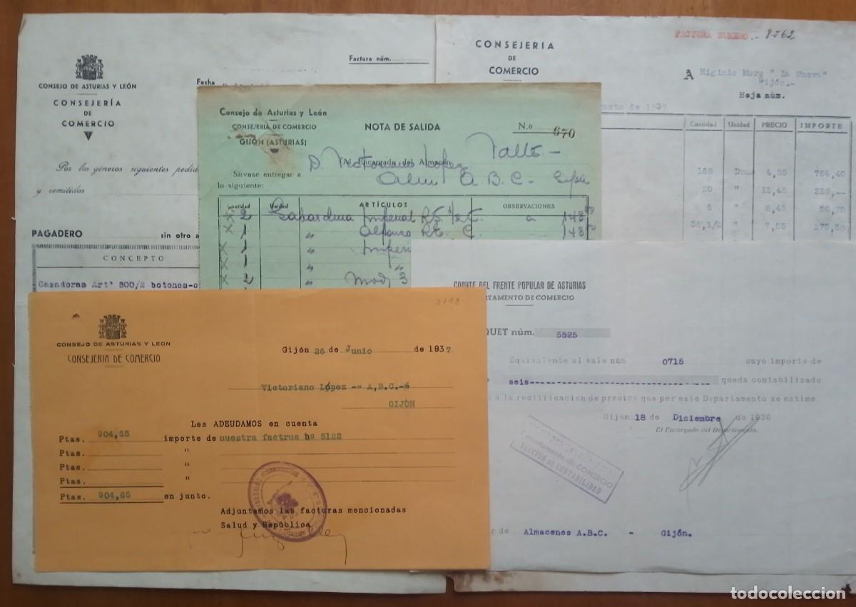 Documentos antiguos: Consejo de Asturias y Le&oacute;n. Lote de 5 documentos de la Consejer&iacute;a de comercio. Guerra Civil