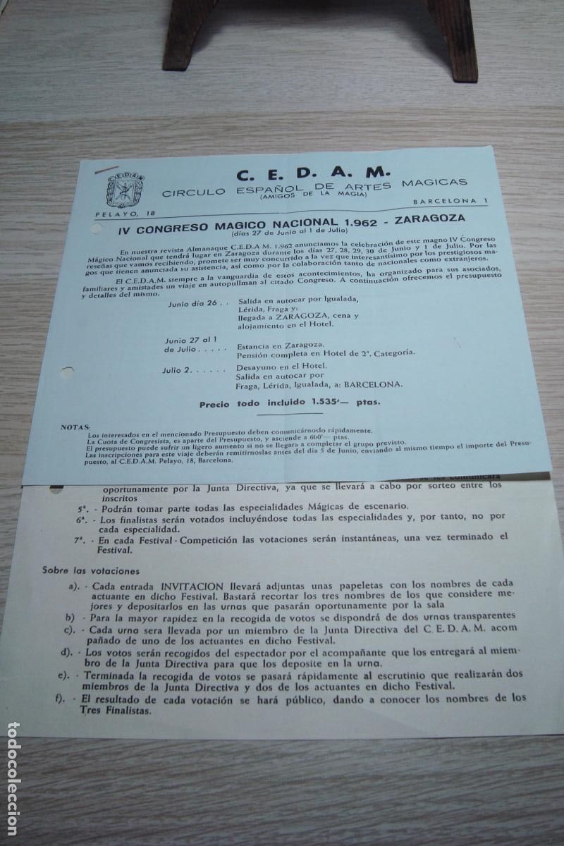 Documentos antiguos: DEDAM CIRCULO ESPA&Ntilde;OL ARTES MAGICAS. CONCURSO COMPETICION MAGICA ZARAGOZA 1962