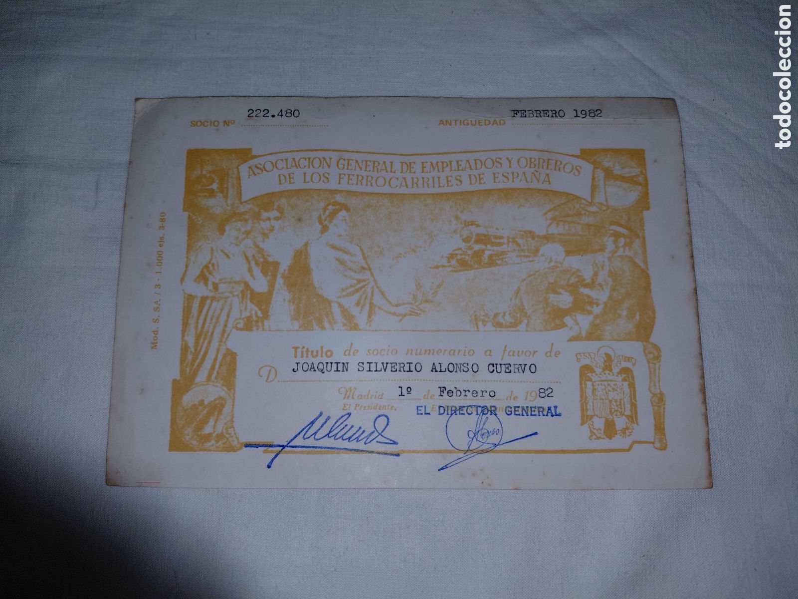 Documentos antiguos: ASOCIACION GENERAL DE EMPLEADOS Y OBREROS DE LOS FERROCARRILES DE ESPA&Ntilde;A.TITULO DE SOCIO 1982