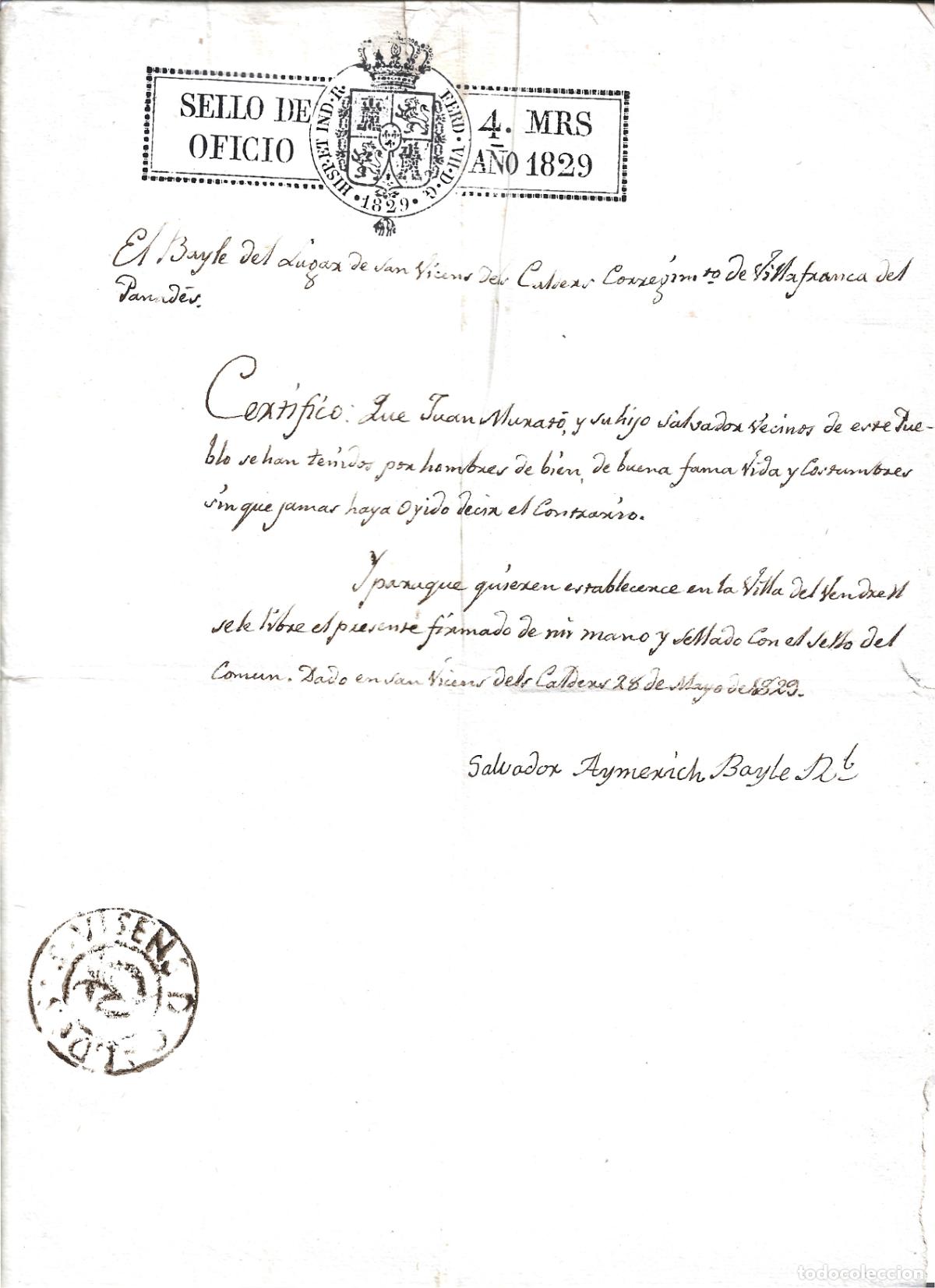 Documentos antiguos: SANT VICENS DE CALDERS-CERTIFICADO BUENA FAMA Y COSTUMBRES-SALVOCONDUCTO PARA VIVIR EN EL VENDRELL