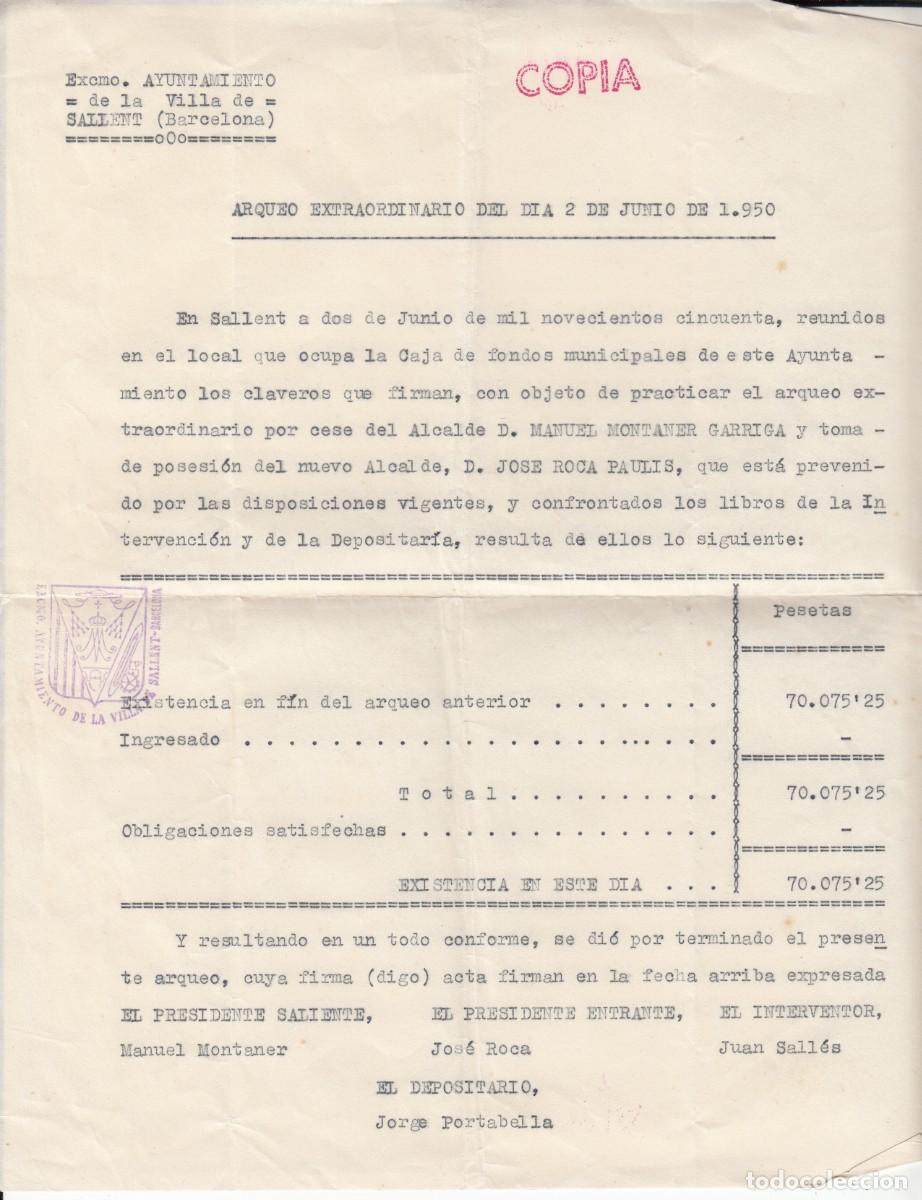 Documentos antiguos: 1950 - AYUNTAMIENTO DE SALLENT - COPIA DEL ARQUEO EXTRAORDINARIO DEL D&Iacute;A 2 DE JUNIO
