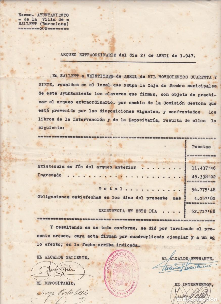 Documentos antiguos: 1947 - AYUNTAMIENTO DE SALLENT - ARQUEO EXTRAORDINARIO DEL D&Iacute;A 23 DE ABRIL CON LAS FIRMAS DE LOS EDI