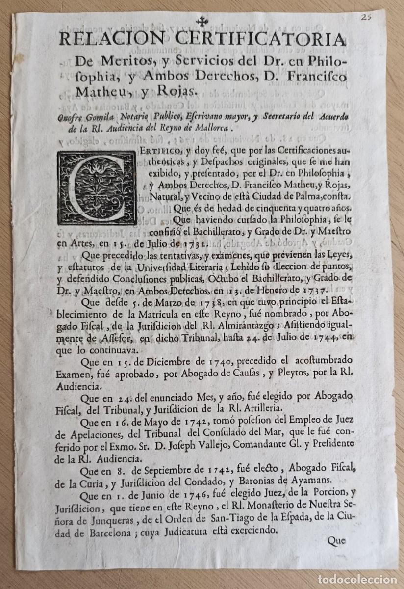 Documentos antiguos: M&Eacute;RITOS DEL DR EN PHILOSOFHIA Y AMBOS DERECHOS FRANCISCO MATHEU Y ROJAS. MALLORCA, 1768.