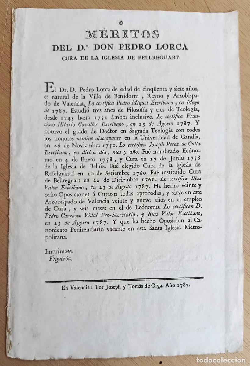 Documentos antiguos: MERITOS DEL DR DON PEDRO LORCA CURA DE BELLREGUART. JOSEPH Y TOM&Aacute;S DE ORGA. VALENCIA, 1787.