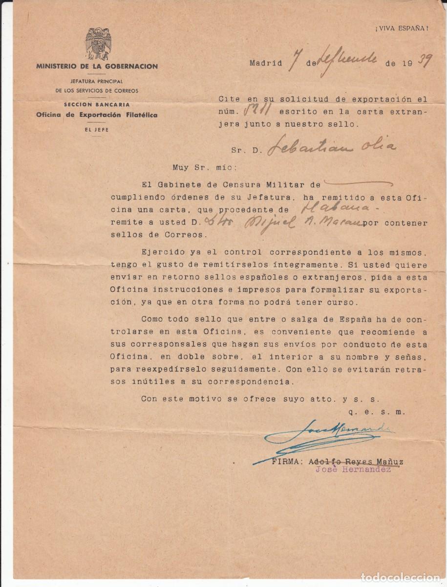 Documentos antiguos: 1939 CARTA MINISTERIO GOBERNACI&Oacute;N REFERENTE A INTERCAMBIO DE SELLOS CON CUBA
