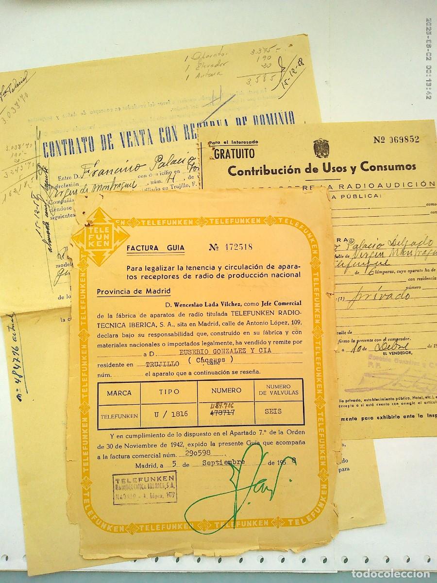 Documentos antiguos: LOTE 3 DOCUMENTOS COMPRA DE RADIO TELEFUNKEN . TRUJILLO ( CACERES ) , 1958