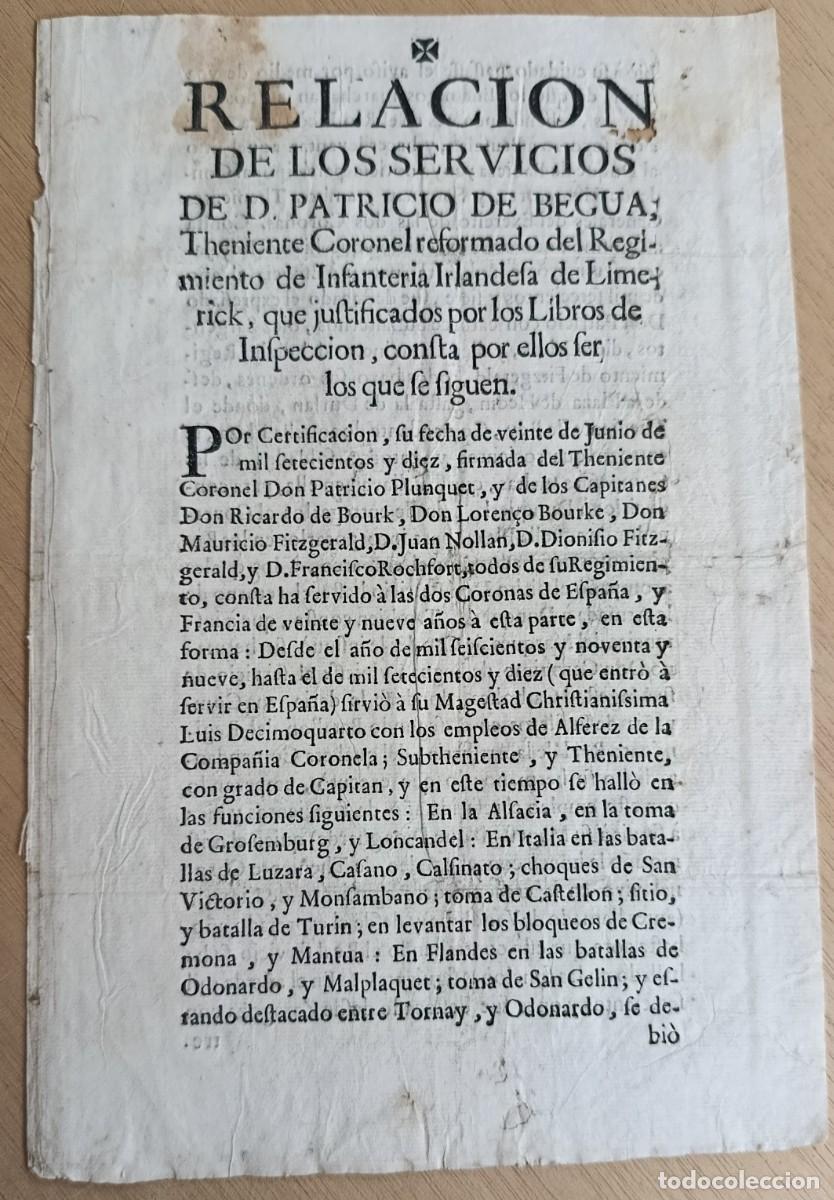 Documentos antiguos: RELACI&Oacute;N DE SERVICIOS DE D. PATRICIO DE BECUA, TENIENTE CORONEL REGTO INF. IRLANDESA DE LIMERICK.