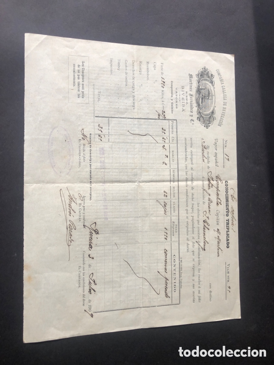 Documentos antiguos: Conocimiento de embarque COMPA&Ntilde;IA GALLEGA DE NAVEGACION RIVEIRA envio de conservas a Burdeos