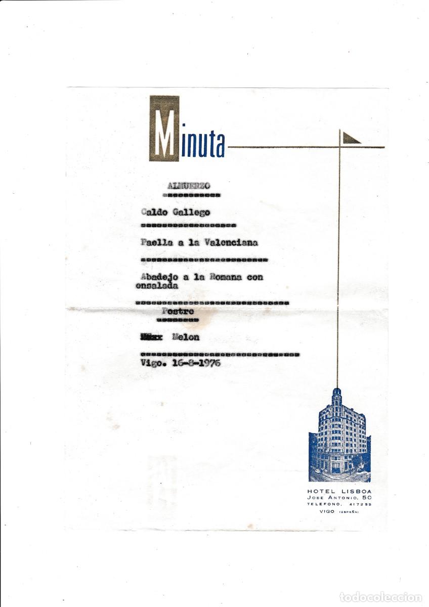 Documentos antiguos: Vigo - Hotel Lisboa - Minuta - Almuerzo - 16.08.1976 - 217x158mm