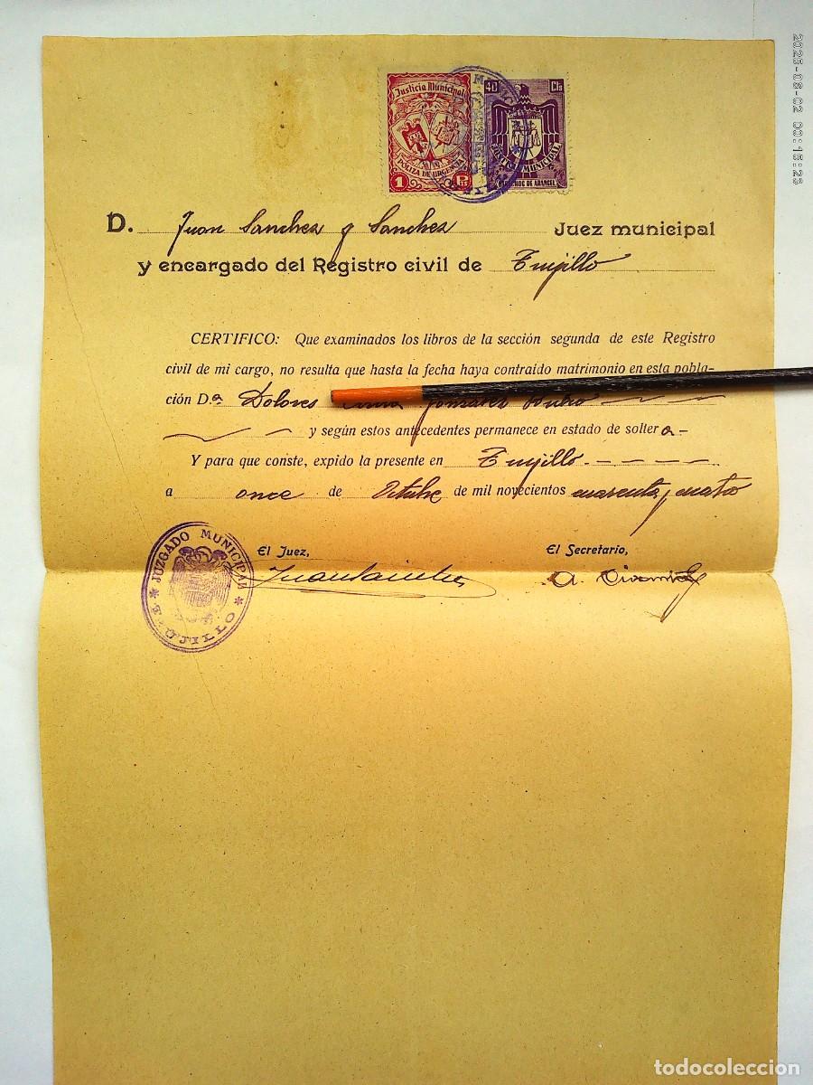 Documentos antiguos: JUZGADO MUNICIPAL DE TRUJILLO : CERTIFICADO DE SOLTERIA DE CHICA . TRUJILLO, 1944. VI&Ntilde;ETAS, ETC