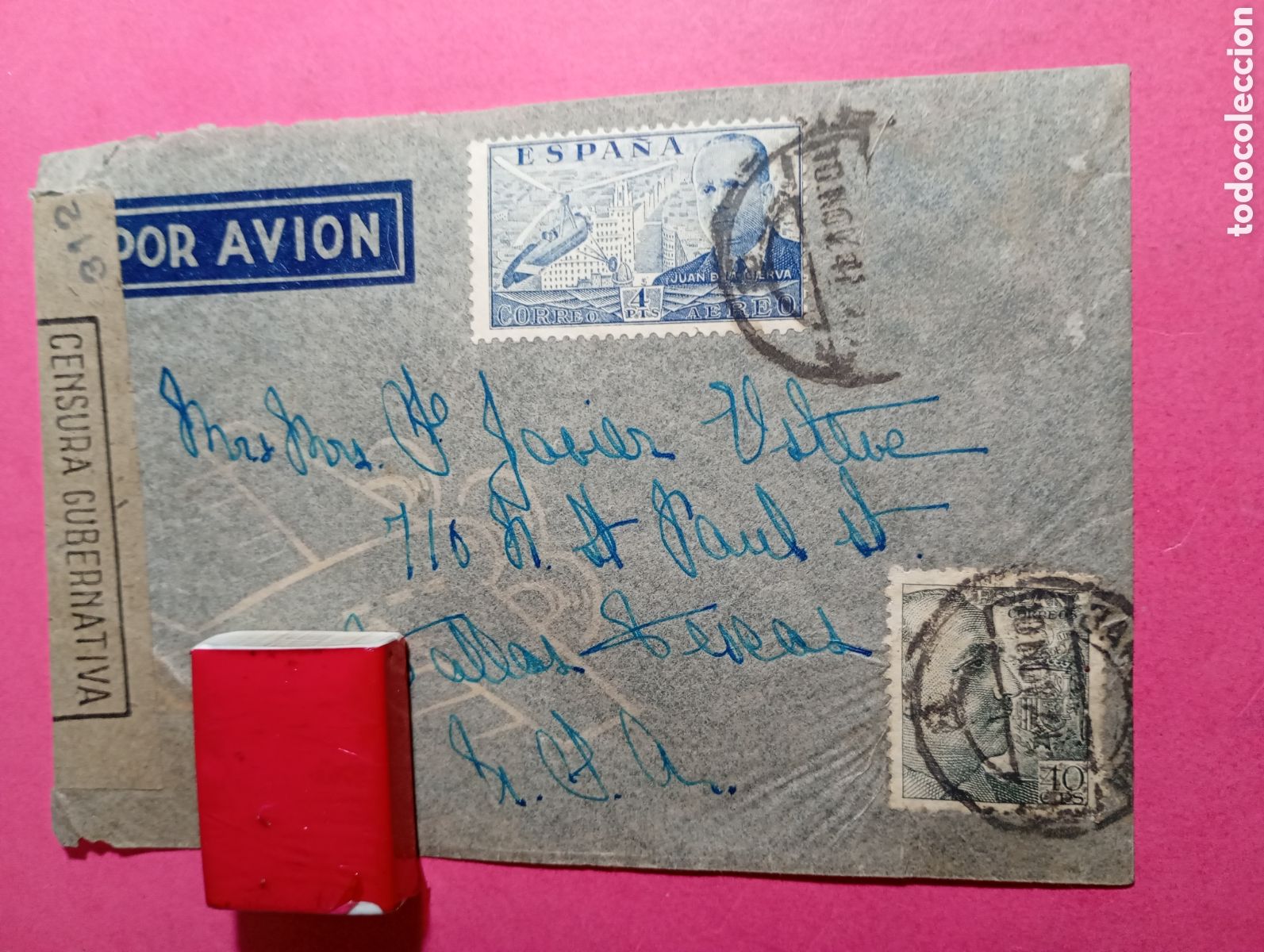 Documentos antiguos: AVI&Oacute;N ANTIGUO SOBRE V&Iacute;A A&Eacute;REA SELLO CAUCHO ''CENSURA GUBERNATIVA'' SELLOS LA CIERVA Y FRANCO