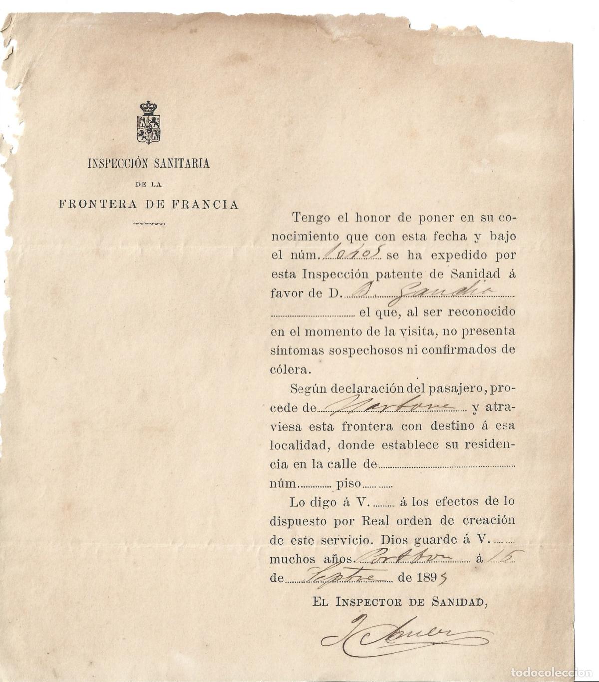 Documentos antiguos: PORTBOU-SALVOCONDUCTO PARA CRUZAR LA FRONTERA FRANCESA LIBRE DEL COLERA-SEPTIEMBRE DE 1893