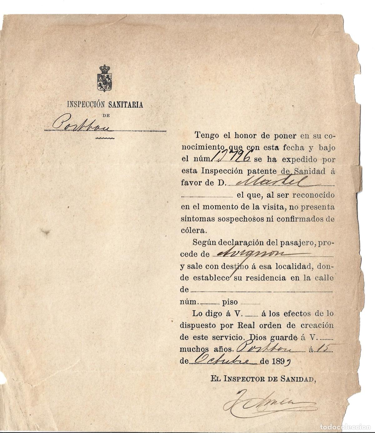 Documentos antiguos: PORTBOU-SALVOCONDUCTO LIBRE DEL COLERA-ORIGEN DE AVIGNON DESTINO PORTBOU A&Ntilde;O 1893