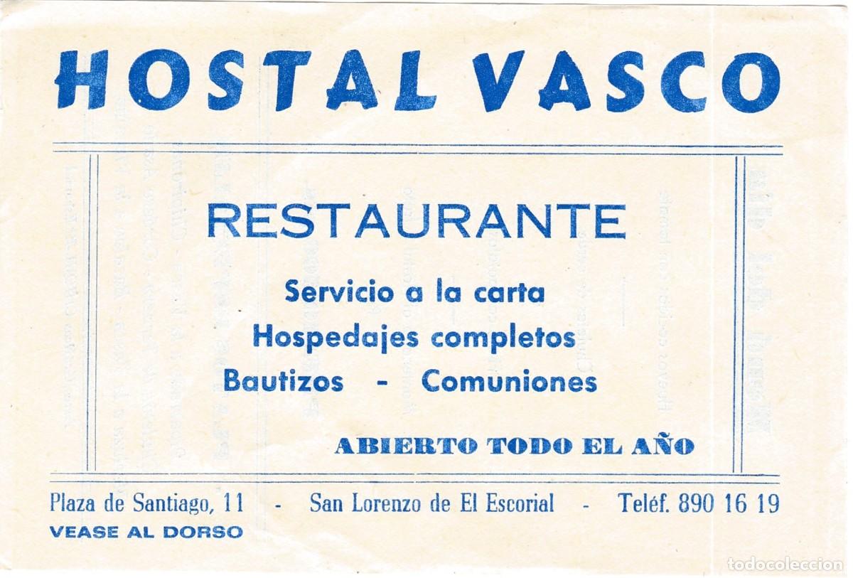 Documentos antiguos: San Lorenzo de El Escorial - Hostal Vasco - Restaurante - Men&uacute; del d&iacute;a - Gr&aacute;ficas Chiqui - 157x106mm