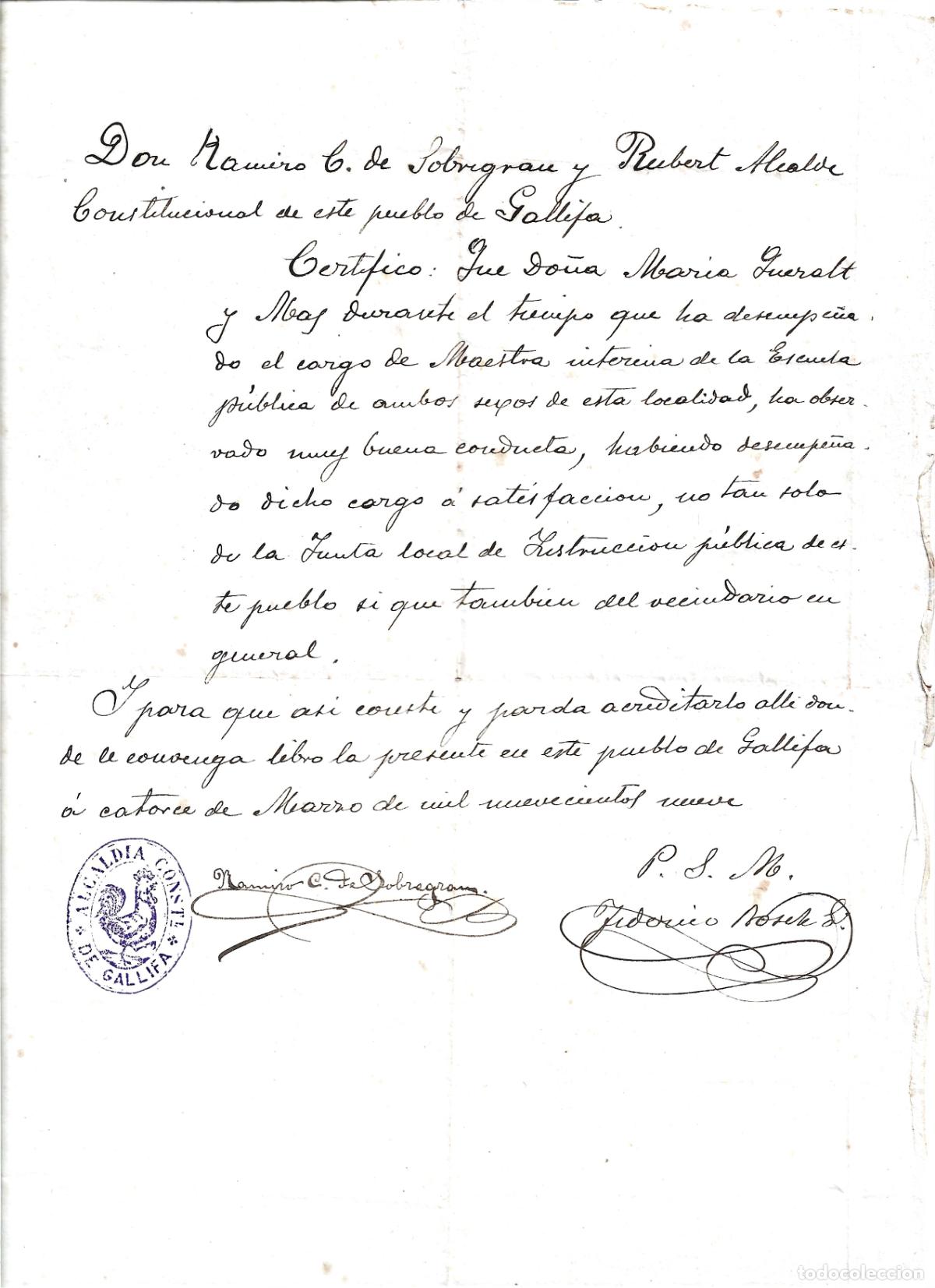Documentos antiguos: ALCALDIA CONSTITUCIONAL DE GALLIFA-CERTIFICADO DE BUENA CONDUCTA COMO MAESTRA 1909