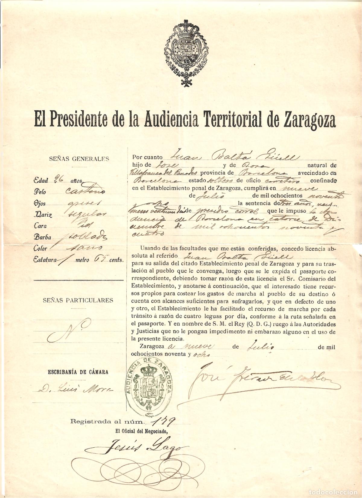 Documentos antiguos: PASAPORTE-LICENCIA PARA SALIR DE LA CARCEL DE ZARAGOZA AL HABER CUMPLIDO LA PENA-A&Ntilde;O 1898