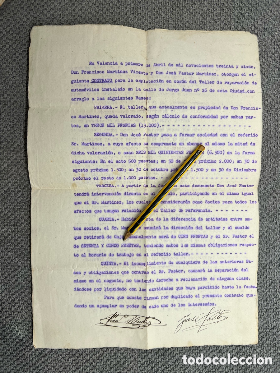 Documentos antiguos: VALENCIA. Traspaso de un Taller de reparaci&oacute;n de autom&oacute;viles en la calle Jorge Juan&hellip; (a.1935)