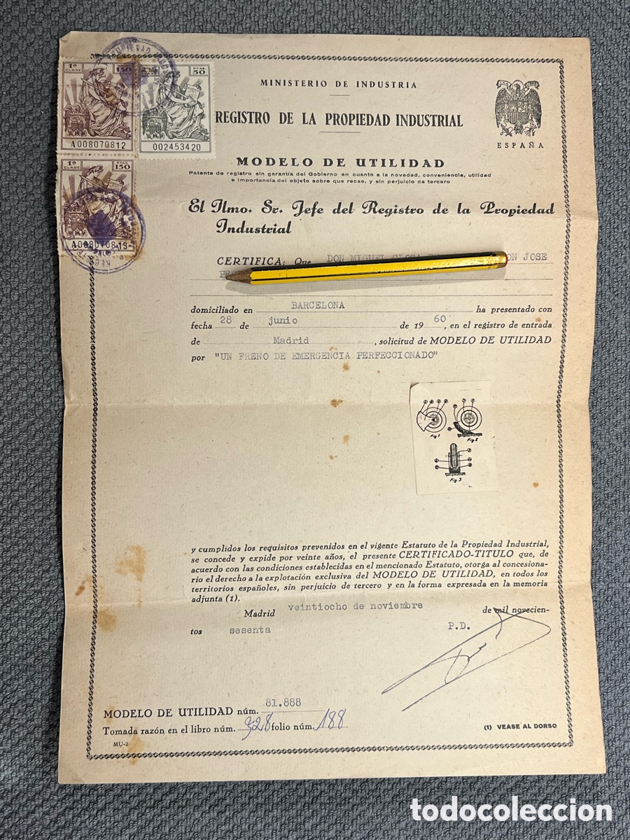 Documentos antiguos: REGISTRO DE LA PROPIEDAD INDUSTRIAL.. UN FRENO DE EMERGENCIA PERFECCIONADO (a.1960)