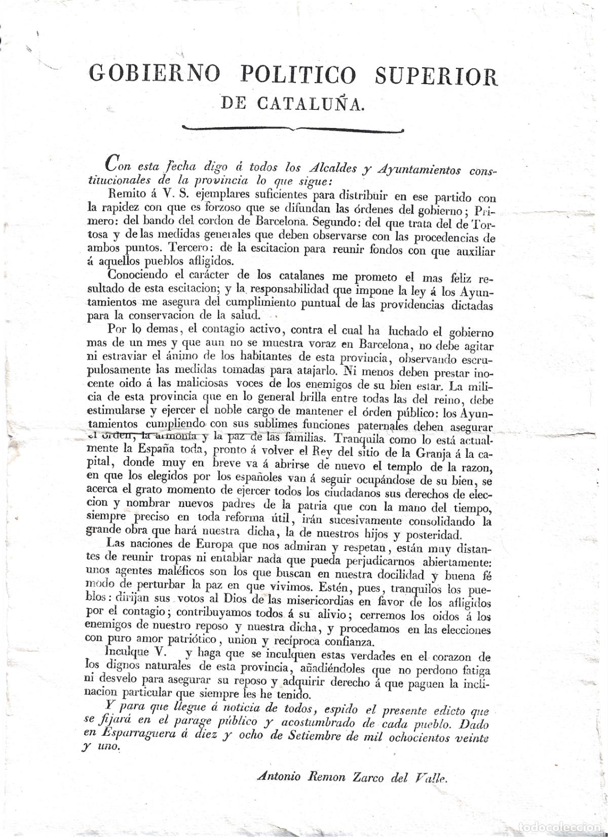 Documentos antiguos: GOBIERNO POLITICO SUPERIOR DE CATALU&Ntilde;A-ESPARRAGUERA 18 SETIEMBRE 1821-EPIDEMIA FIEBRE AMARILLA