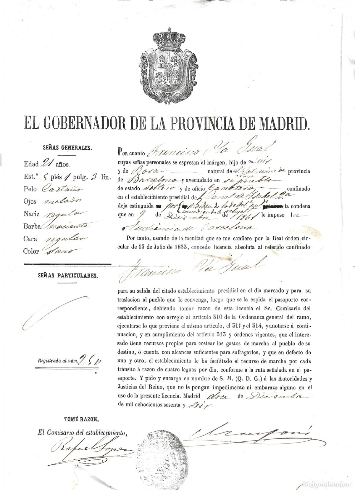 Documentos antiguos: PASAPORTE LICENCIA PARA SALIR DE LA CARCEL DEL CANAL DE ISABEL II DE MADRID-12 DICIEMBRE DE 1866