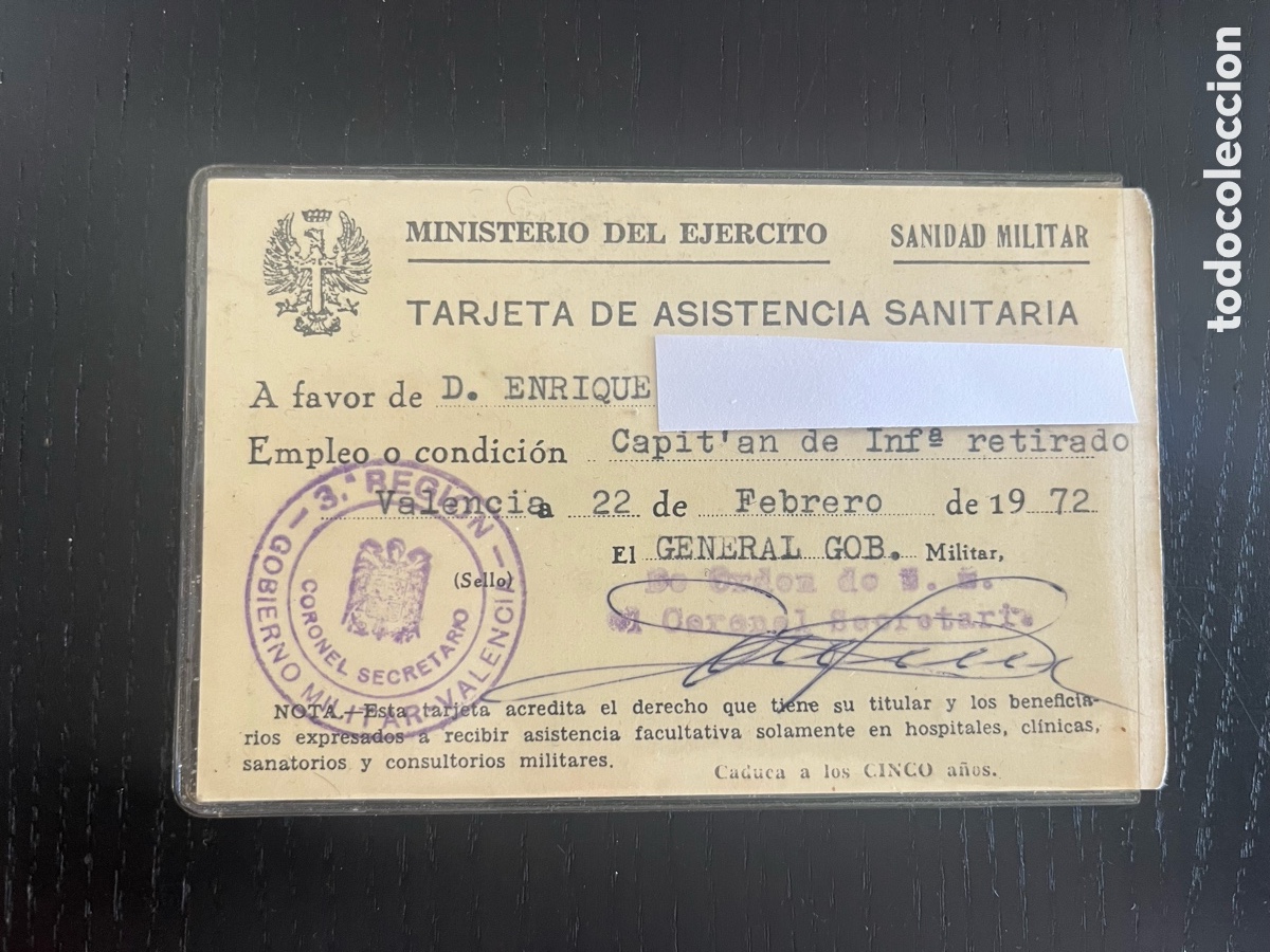 Documentos antiguos: Tarjeta de asistencia sanitaria militar