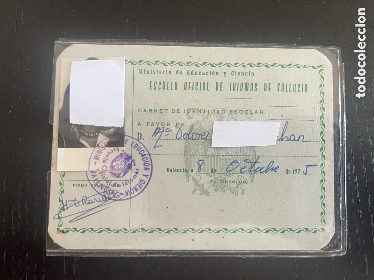 Documentos antiguos: Carnet escuela de idiomas de Valencia