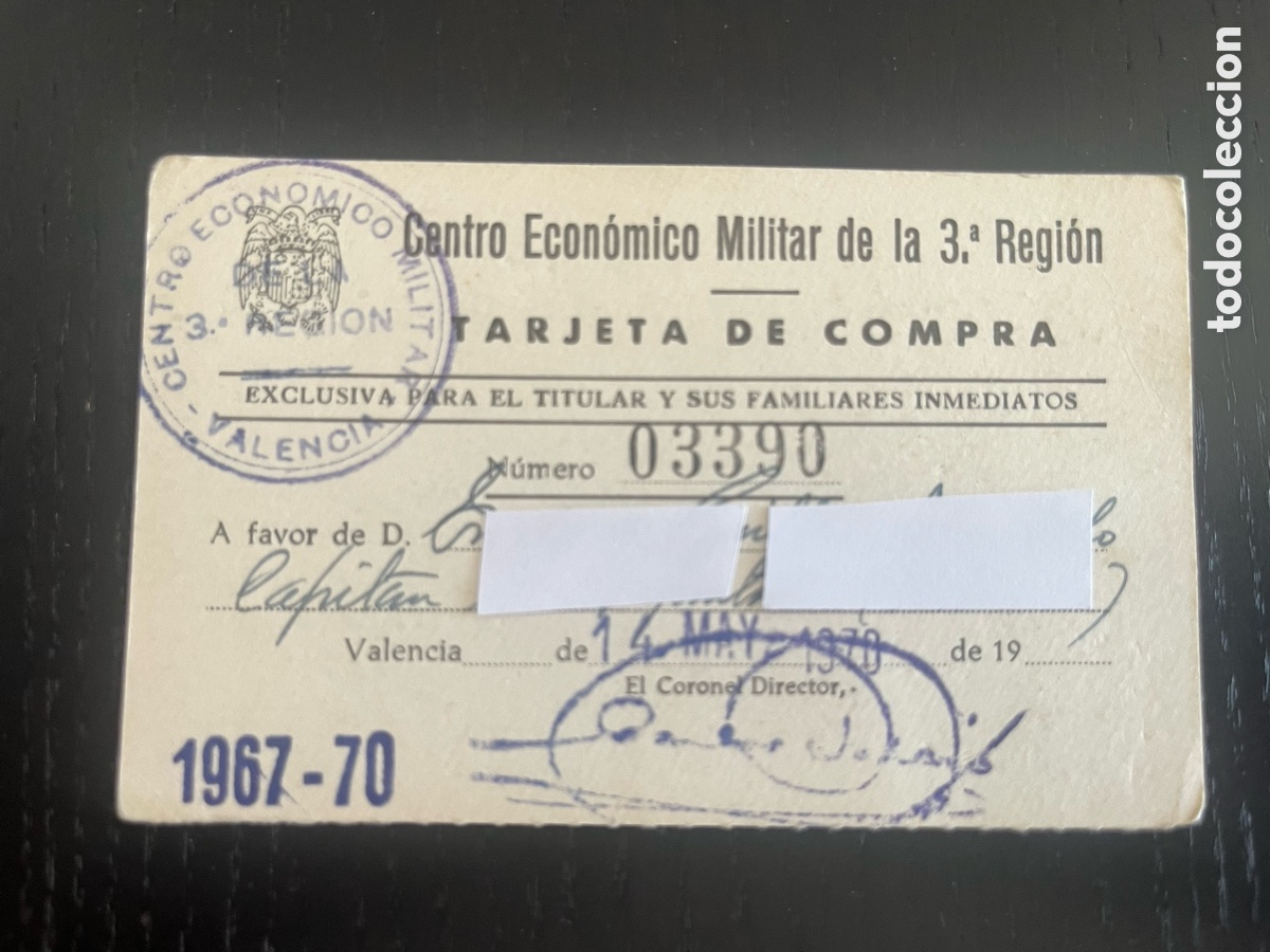 Documentos antiguos: Tarjeta de compra militar de la tercera regi&oacute;n