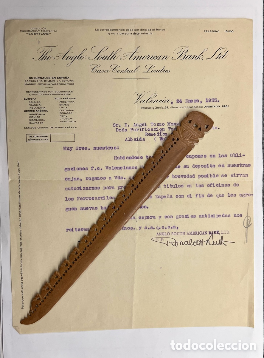 Documentos antiguos: The Anglo-South American Bank, Sucursal de Valencia. T&iacute;tulos y obligaciones Ferrocarriles del Norte