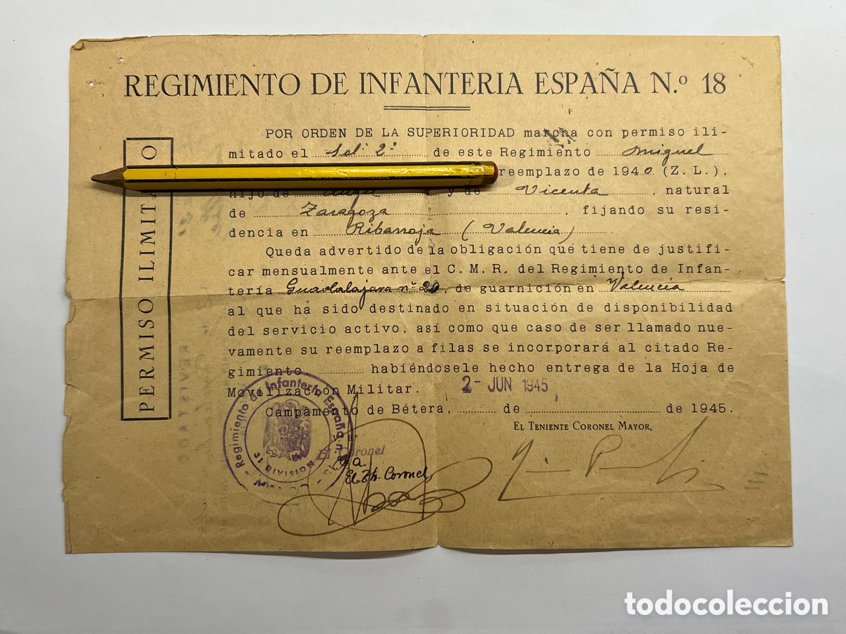 Documentos antiguos: REGIMIENTO DE INFANTERIA ESPA&Ntilde;A N.&ordm; 18, Permiso Ilimitado.. soldado de Ribarroja (a.1945)