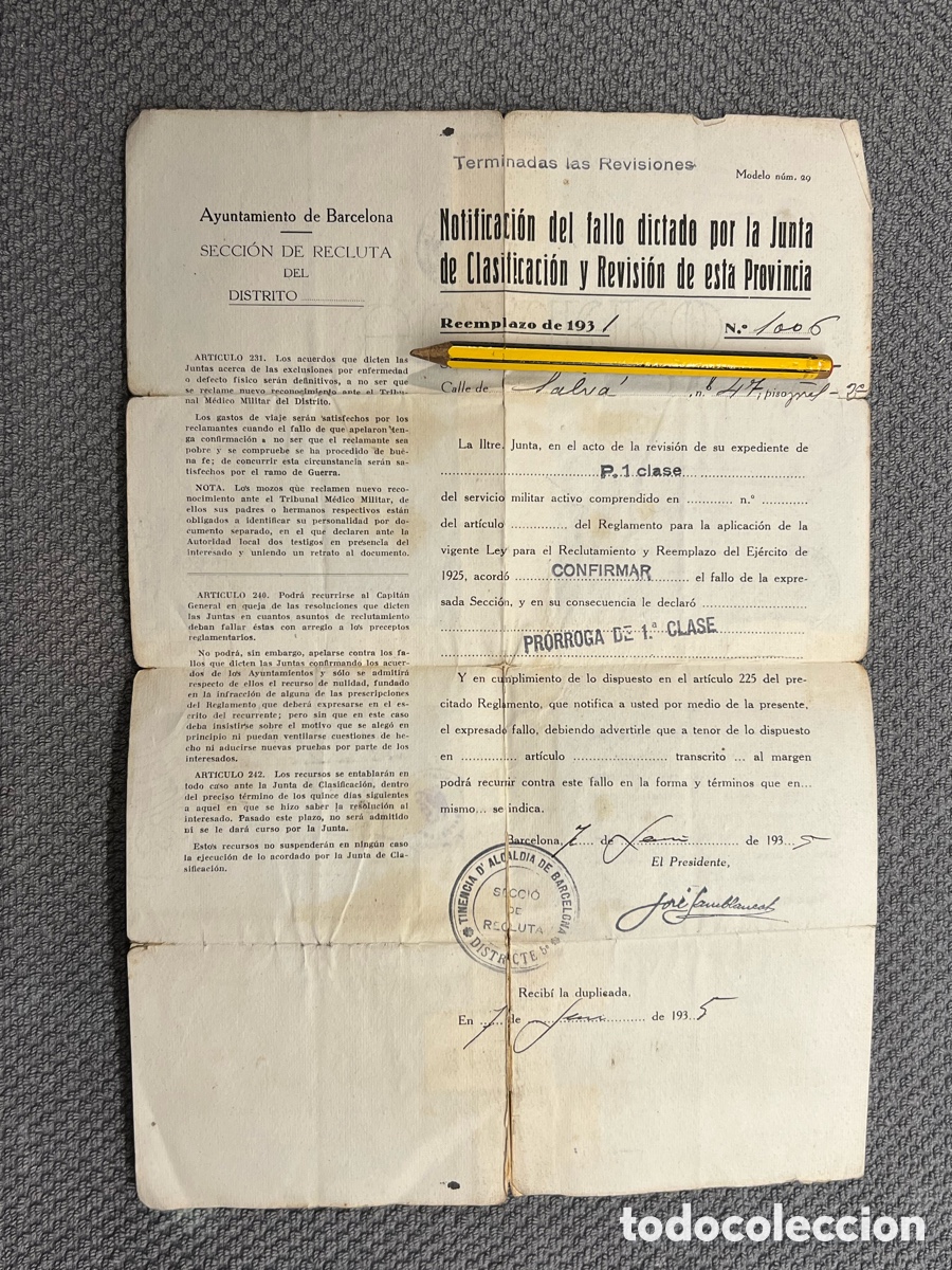 Documentos antiguos: AYUNTAMIENTO DE BARCELONA. Seccion del Recluta.. (a.1935) Notificaci&oacute;n del fallo dictado..