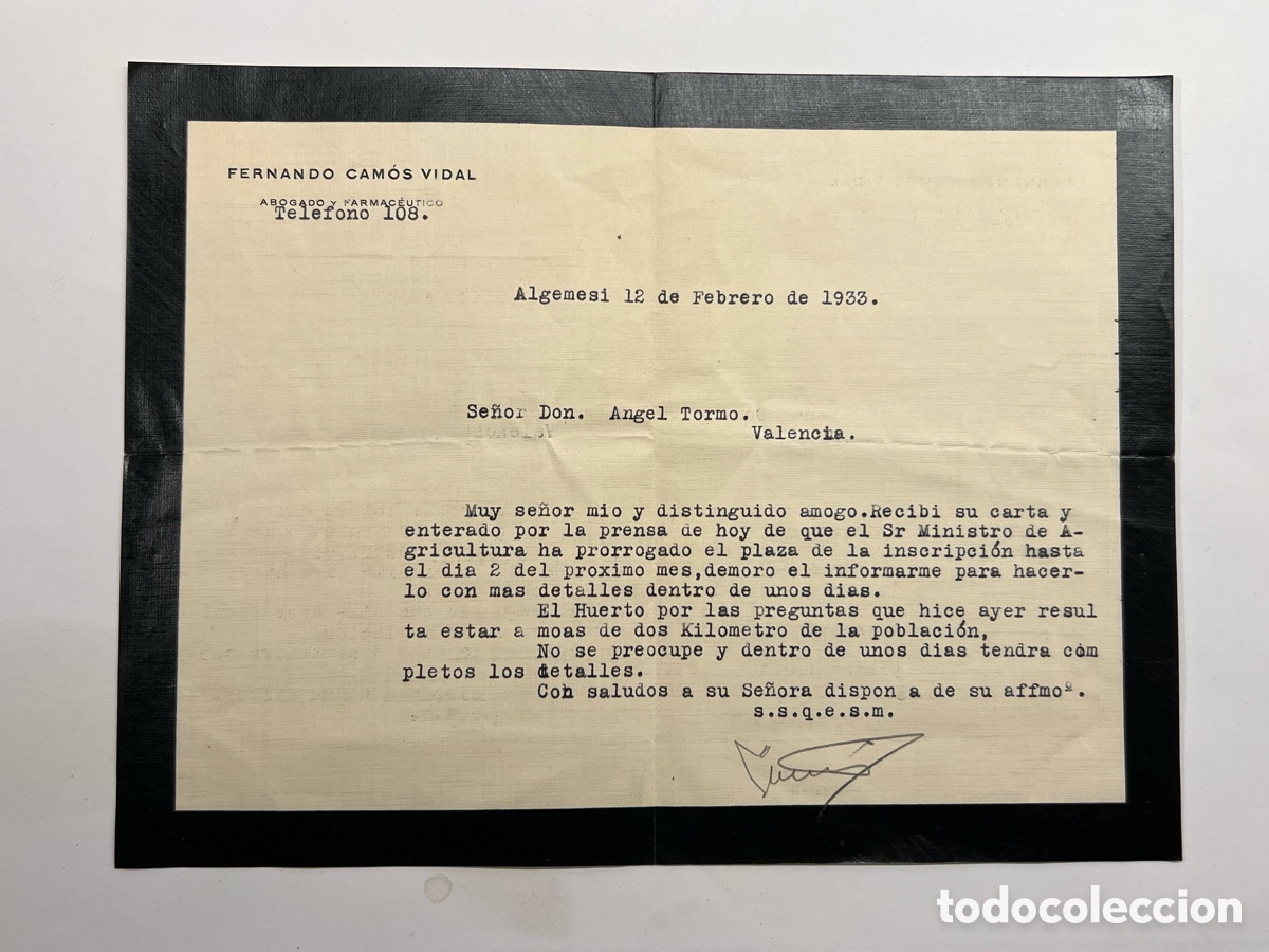 Documentos antiguos: ALGEMES&Iacute; Valencia. Fernando Camos Vidal, Abogado y Farmac&eacute;utico.. noticias del 12 de Febrero de 1933