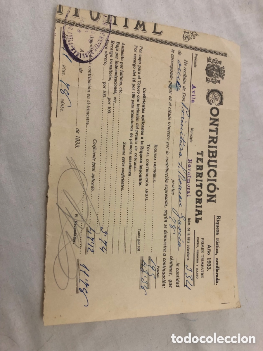 Documentos antiguos: Recibos Contribuci&oacute;n Territorial a&ntilde;o 1933 - Foto 2