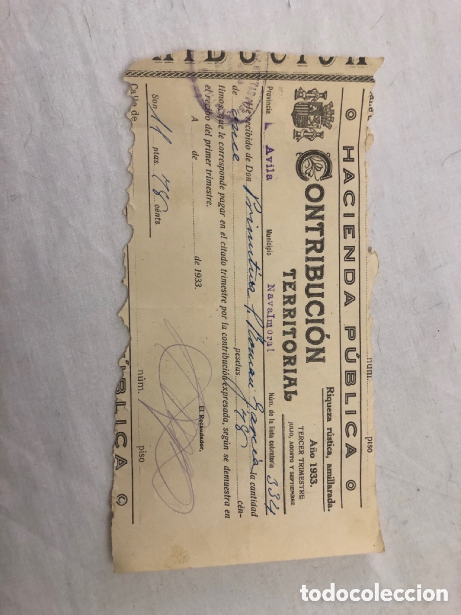 Documentos antiguos: Recibos Contribuci&oacute;n Territorial a&ntilde;o 1933 - Foto 3