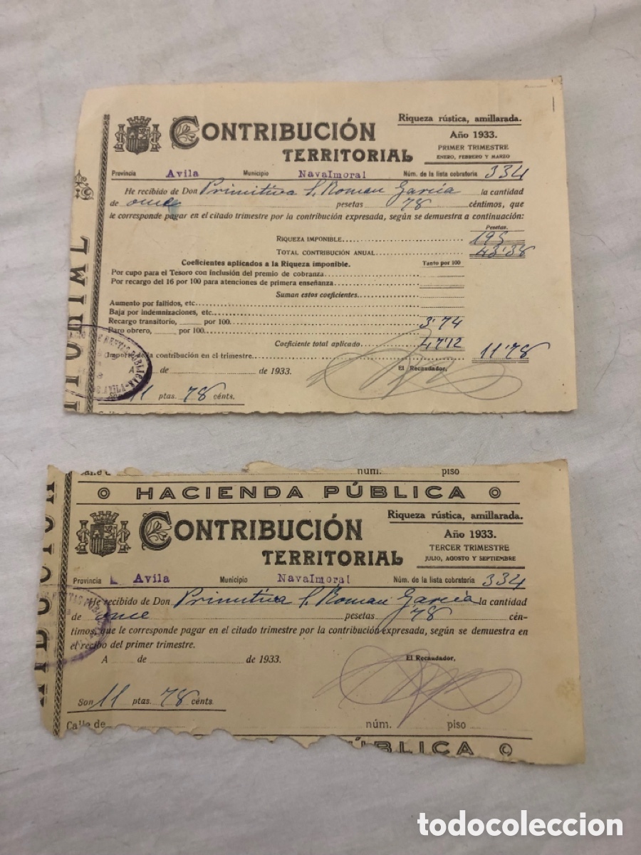 Documentos antiguos: Recibos Contribuci&oacute;n Territorial a&ntilde;o 1933