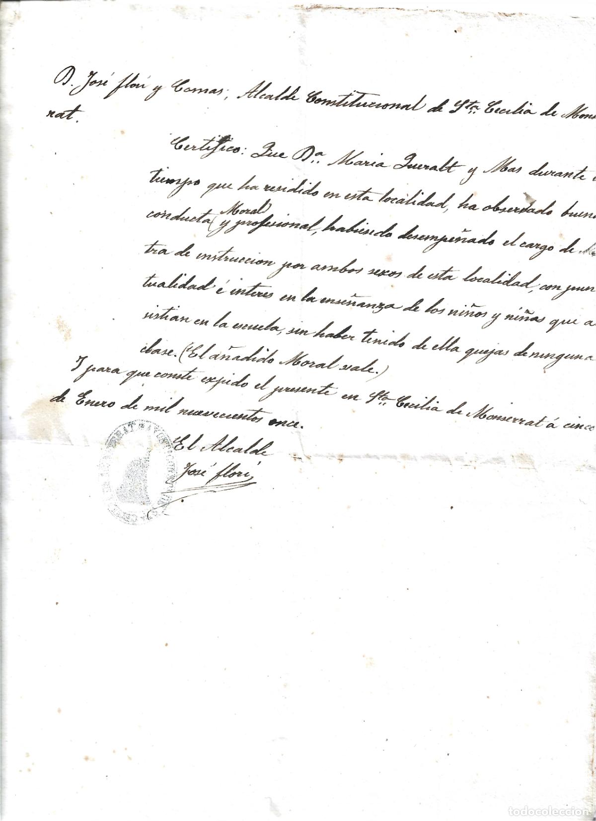 Documentos antiguos: MARGANELL-EL BAGES-SANTA CECILIA DE MONTSERRAT-CERTIFICADO DE BUENA CONDUCTA DE LA MAESTRA 1911